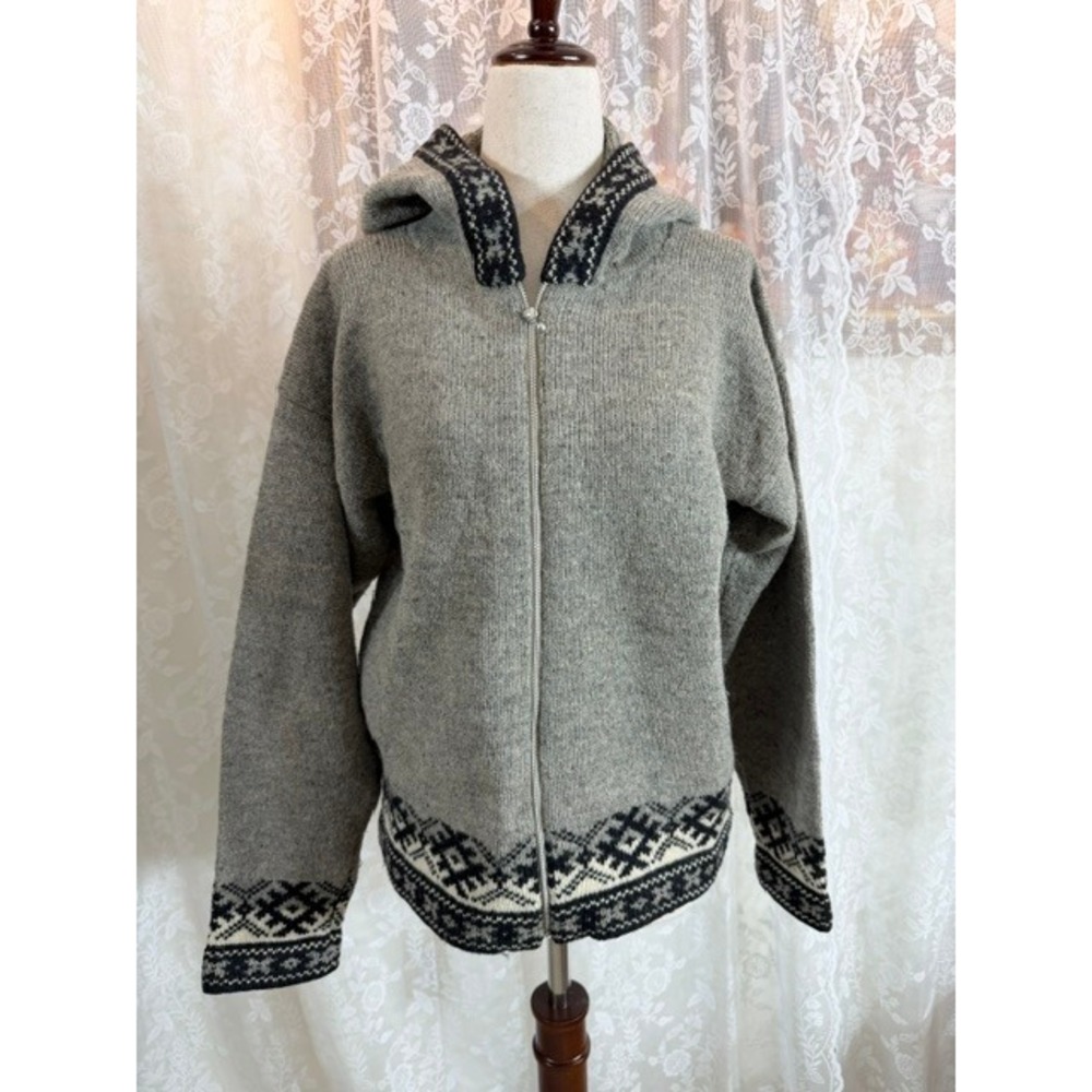 Vintage Nordic Wool Hooded Cardigan Gray Fair Isle Full Zip Sweater